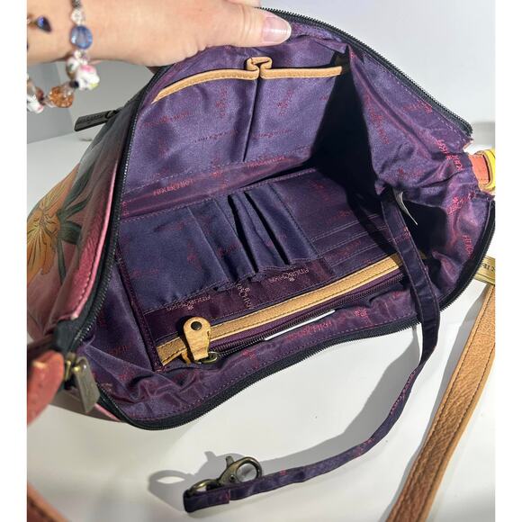 Anuschka Hand Painted Leather Butterflies & Hibiscus U Top Hobo Purse Handbag - Picture 9 of 10